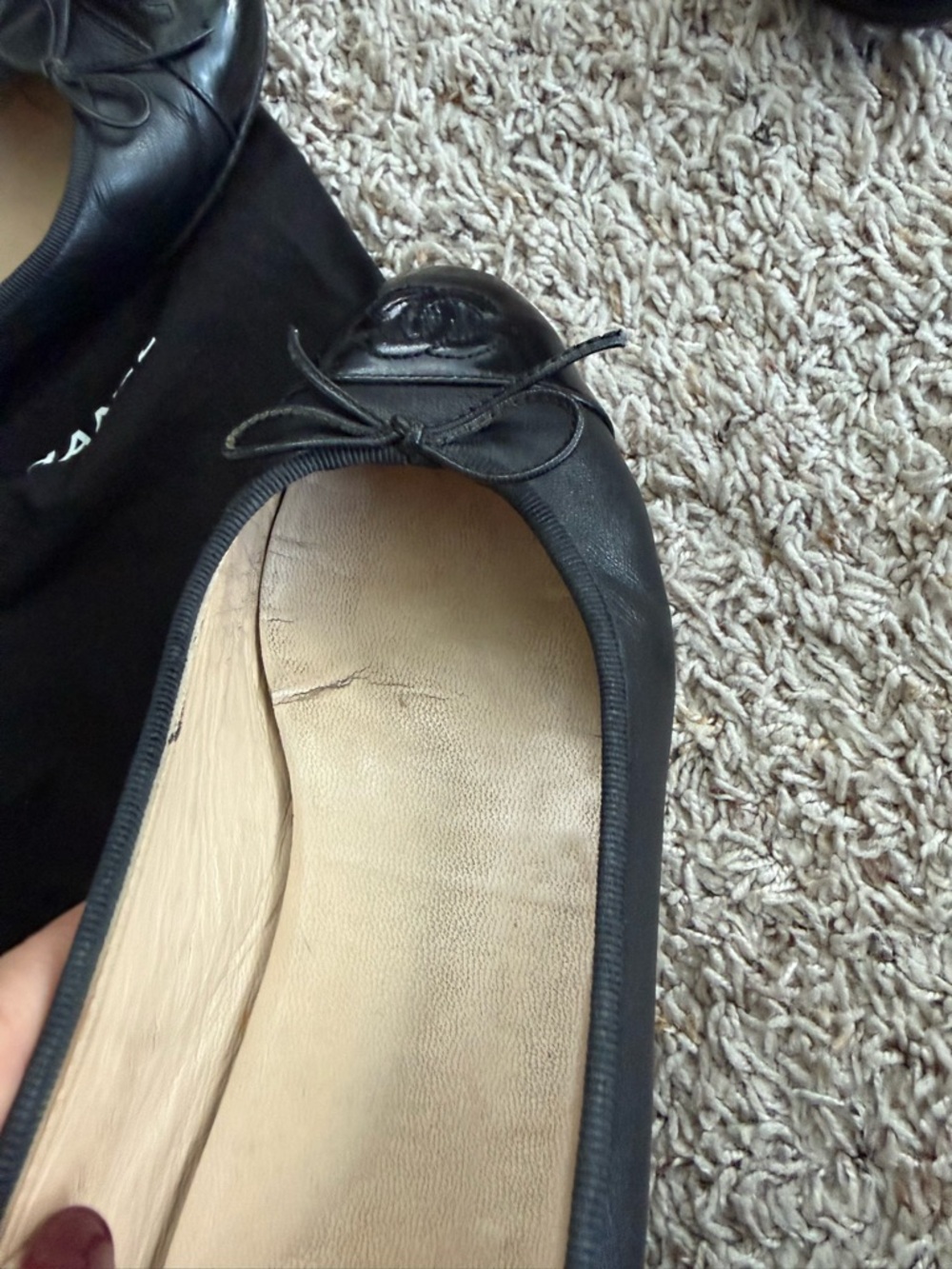 CHANEL Black Leather Ballet Flats with Bow and CC Cap Toe - Picture 11 of 13